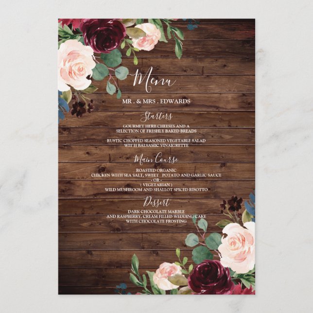 Rustikales Holz Burgund Roter Wein Blume Hochzeit Menükarte (Vorderseite)