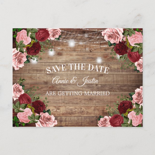 Rustikales Holz Burgundy Blush Pink Floral Rett Da Postkarte (Vorderseite)
