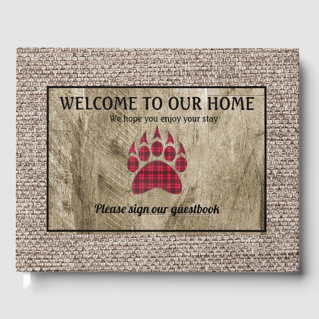 Rustikales Holz Burlap Red Buffalo Kariert Bear Pa Gästebuch (Vorderseite)