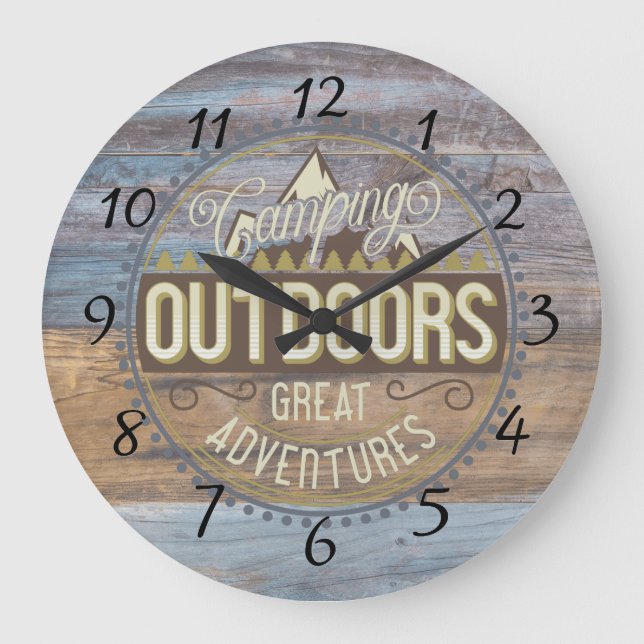 Rustikales Holz Camping Wohngestaltung Wall Clock Große Wanduhr (Vorderseite)