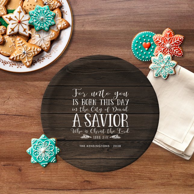 Rustikales Holz Christliche Weihnachtsverse Typogr Pappteller (Rustic Wood Christian Christmas Verse Typography Paper Plates)
