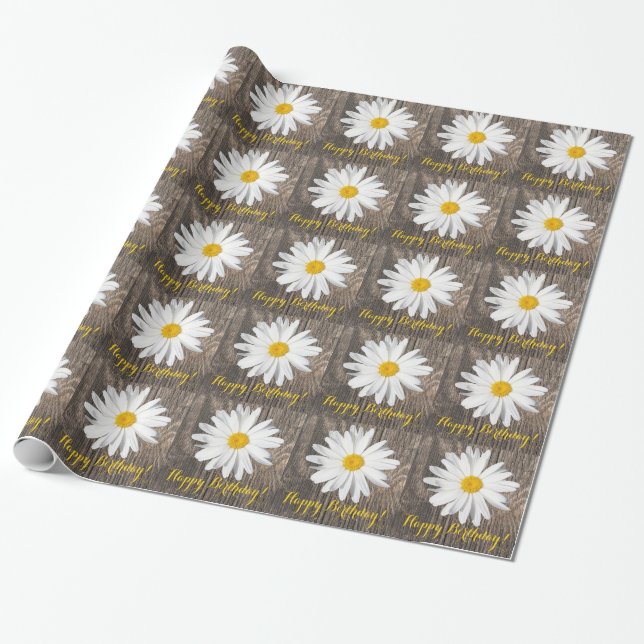 Rustikales Holz, Daisy Happy Birthday! Geschenkpap Geschenkpapier (Ungerollt)