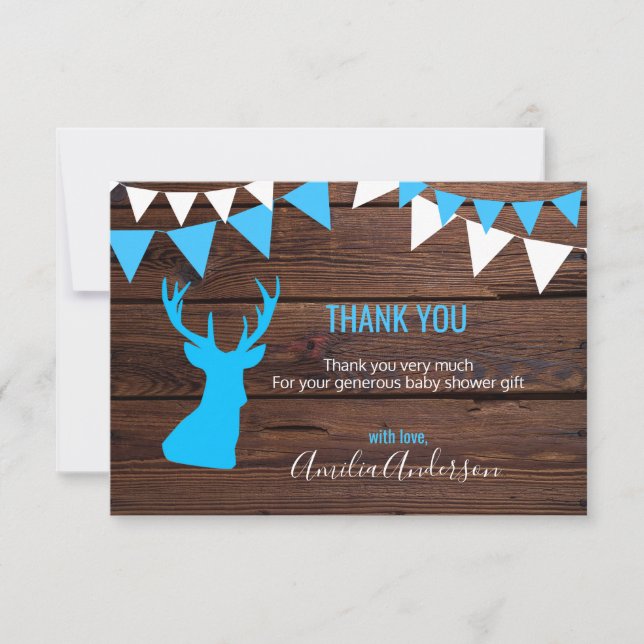 Rustikales Holz DANK YOU Blue Buck Boy Baby Dusche Einladung (Vorderseite)