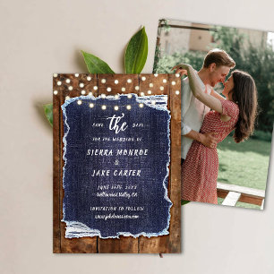 Rustikales Holz Denim Schreiben von Foto Hochzeit  Einladung