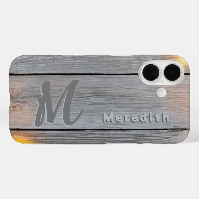 Rustikales Holz Elegance Ländername Monogram iPhone 16 Hülle (Rückseite (Horizontal))