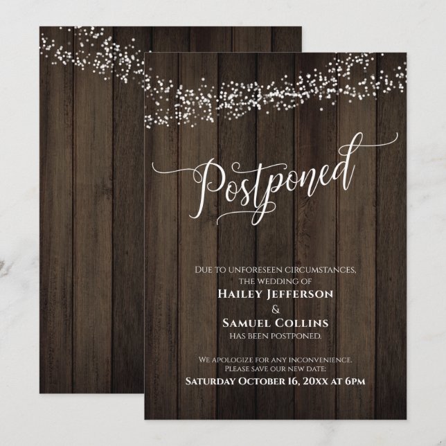 Rustikales Holz, elegante, vertagte Hochzeitskarte Einladung (Vorne/Hinten)