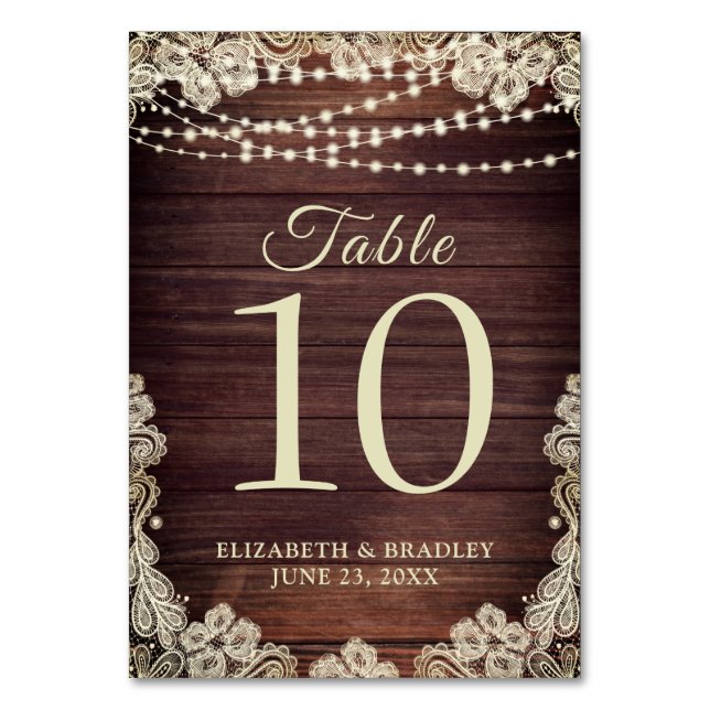 Rustikales Holz Elfenbein Schnürsenkellicht Hochze Tischnummer (Vorderseite)