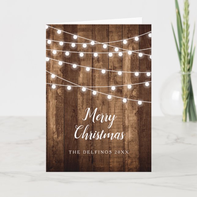 Rustikales Holz Fairy Light Family Name Holiday Fo Karte (Vorderseite)