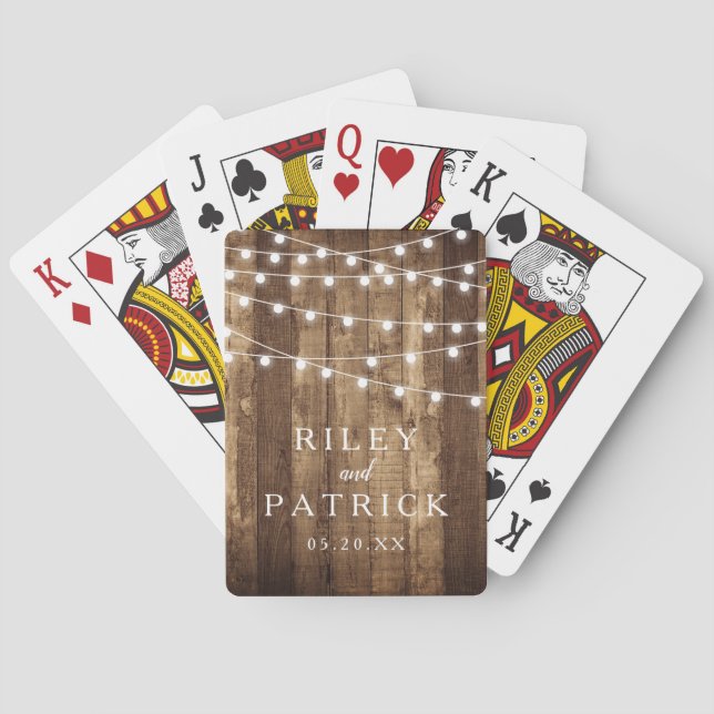 Rustikales Holz & Fairy Lights Gefallen für Hochze Spielkarten (Rückseite)