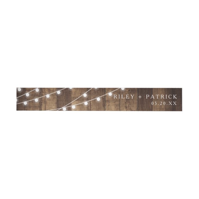 Rustikales Holz & Fairy Lights Hochzeitseinladung Rundum-Adressaufkleber (Person)