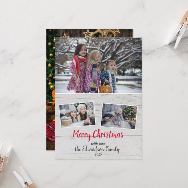 Rustikales Holz Familie Foto Collage Weihnachtskar (Vorderseite/Rückseite Beispiel)