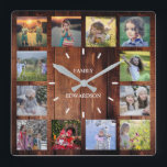 Rustikales Holz Familienname Collage Monogram Name Quadratische Wanduhr<br><div class="desc">Benutzerdefinierte Foto-Collage auf rustikalen Holzhintergrund Uhr. Fügen Sie Ihre eigenen persönlichen Fotos und Namen hinzu,  um die Uhr zu personalisieren und Sie werden eine sehr persönliche und einzigartige Uhr erstellen.</div>