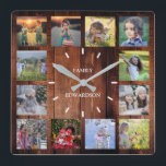 Rustikales Holz Familienname Collage Monogram Name Quadratische Wanduhr<br><div class="desc">Benutzerdefinierte Foto-Collage auf rustikalen Holzhintergrund Uhr. Fügen Sie Ihre eigenen persönlichen Fotos und Namen hinzu,  um die Uhr zu personalisieren und Sie werden eine sehr persönliche und einzigartige Uhr erstellen.</div>