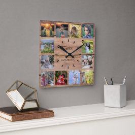 Rustikales Holz Familienname Collage Monogram Name Quadratische Wanduhr