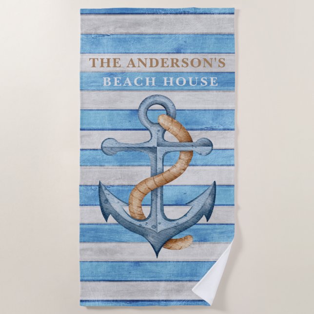 Rustikales Holz Family Beach House Schöne Streifen Strandtuch (Vorderseite)