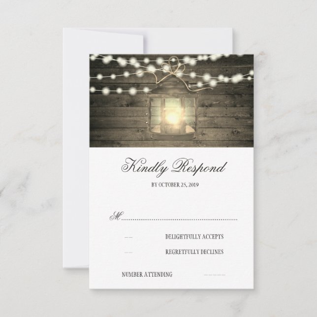 Rustikales Holz florale Laternenleuchten Hochzeit  RSVP Karte (Vorderseite)