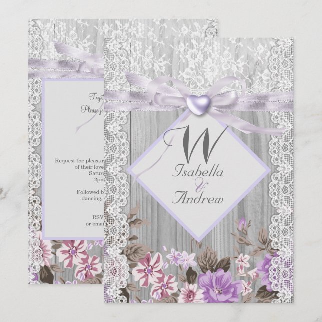 Rustikales Holz florale Wedding Lavender Lace Einladung (Vorne/Hinten)