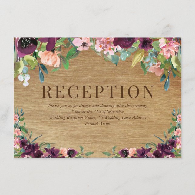 Rustikales Holz florales Burgund Hochzeitsempfang Begleitkarte (Vorderseite)