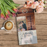 Rustikales Holz Foto Aquarell Blätter Hochzeit All In One Einladung<br><div class="desc">Elegante mit Monogramm Wasserfarben botanische Foto Hochzeitseinladung und RSVP Karte in einem. Für Frühling,  Sommer,  Herbst oder Winterhochzeit. Grüner Olivenzweig Aquarell-Design auf dunklem Holz Karte. Sie können ganz einfach eigene Fotos hinzufügen,  um sie zu personalisieren und Ihren eigenen Text hinzuzufügen.</div>
