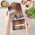 Rustikales Holz Foto Aquarell Blätter Hochzeit All In One Einladung<br><div class="desc">Elegante mit Monogramm Wasserfarben botanische Foto Hochzeitseinladung und RSVP Karte in einem. Für Frühling, Sommer, Herbst oder Winterhochzeit. Grüner Olivenzweig Aquarell-Design auf dunklem Holz Karte. Sie können ganz einfach Ihr eigenes Foto hinzufügen, um es zu personalisieren und Ihren eigenen Text hinzuzufügen. Wenn Sie Hilfe benötigen, kontaktieren Sie mich unter pixelshoot3@gmail.com....</div>