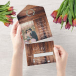 Rustikales Holz Foto Aquarell Blätter Hochzeit All In One Einladung<br><div class="desc">Elegante mit Monogramm Wasserfarben botanische Foto Hochzeitseinladung und RSVP Karte in einem. Für Frühling,  Sommer,  Herbst oder Winterhochzeit. Grüner Olivenzweig Aquarell-Design auf dunklem Holz Karte. Sie können ganz einfach Ihr eigenes Foto hinzufügen,  um es zu personalisieren und Ihren eigenen Text hinzuzufügen. Rücksendeadresse für UAWG am hinteren UAWG.</div>