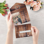 Rustikales Holz Foto Aquarell Blätter Hochzeit All In One Einladung<br><div class="desc">Elegante mit Monogramm Wasserfarben botanische Foto Hochzeitseinladung und RSVP Karte in einem. Für Frühling, Sommer, Herbst oder Winterhochzeit. Grüner Olivenzweig Aquarell-Design auf dunklem Holz Karte. Sie können ganz einfach Ihr eigenes Foto hinzufügen, um es zu personalisieren und Ihren eigenen Text hinzuzufügen. Wenn Sie Hilfe benötigen, kontaktieren Sie mich unter pixelshoot3@gmail.com....</div>