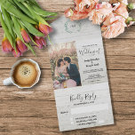 Rustikales Holz Foto Aquarell Blätter Hochzeit All In One Einladung<br><div class="desc">Elegante mit Monogramm Wasserfarben botanische Foto Hochzeitseinladung und RSVP Karte in einem. Für Frühling,  Sommer,  Herbst oder Winterhochzeit. Grüner Olivenzweig Aquarell auf Holzkarte. Sie können ganz einfach Ihr eigenes Foto hinzufügen,  um es zu personalisieren und Ihren eigenen Text hinzuzufügen.</div>