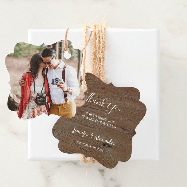 Rustikales Holz Foto Land Hochzeit Vielen Dank Geschenkanhänger (Rustic wood photo country Wedding Thank You Favor Tags.)