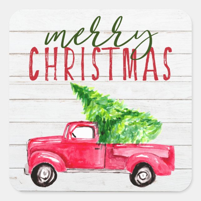 Rustikales Holz Frohe Weihnachten Red Truck Bauern Quadratischer Aufkleber (Vorderseite)