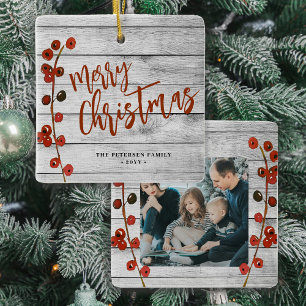 Rustikales Holz Frohe Weihnachtsfamilie Foto Sake Keramikornament