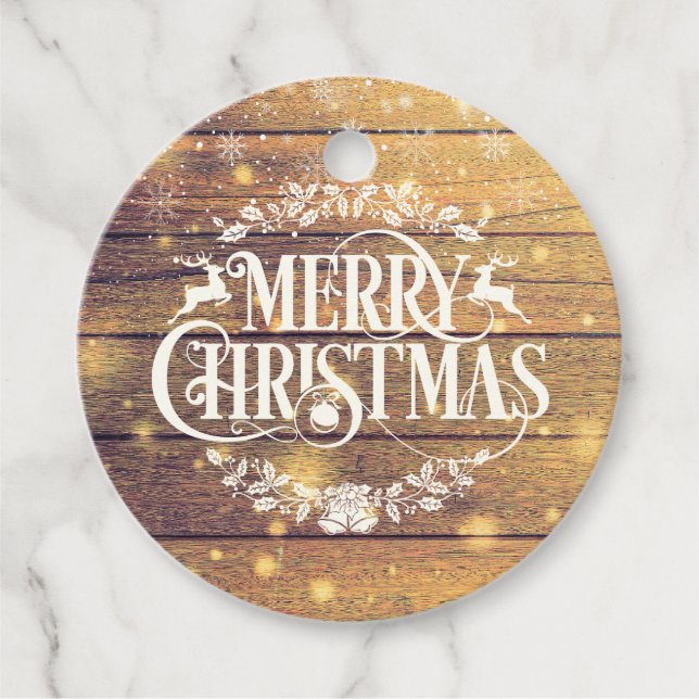 Rustikales Holz Frohe Weihnachtsschneeflocken Geschenkanhänger (Vorderseite)
