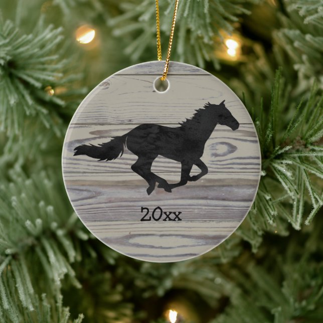 Rustikales Holz Galloping Pferd Wasserfarbe Silhou Keramik Ornament (Baum)