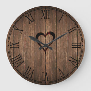 Rustikales Holz gebrannter Herz-Druck Große Wanduhr