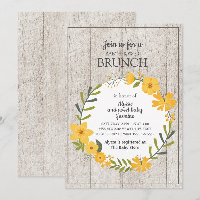 Rustikales Holz Gelb Blütendusche Brunch Einladung (Vorne/Hinten)