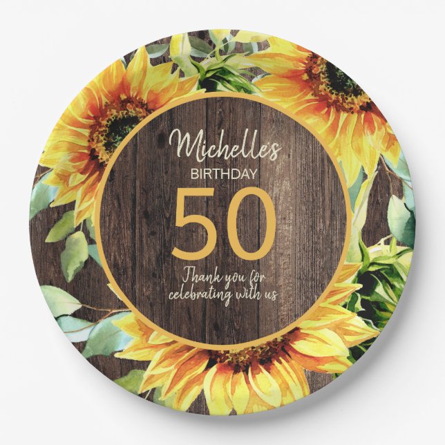 Rustikales Holz Gelb Sonnenblumen 50. Geburtstag Pappteller (Vorderseite)