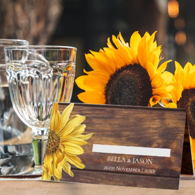 Rustikales Holz Gelbe Sonnenblume Land Hochzeit im Platzkarte (Von Creator hochgeladen)