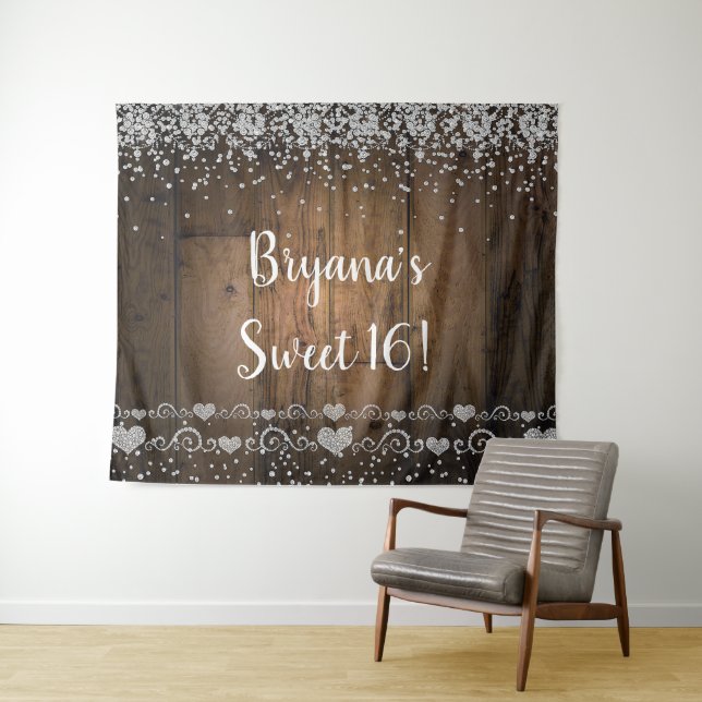 Rustikales Holz Glam Diamonds Glitzer Party Hinter Wandteppich (Beispiel (Horizontal))