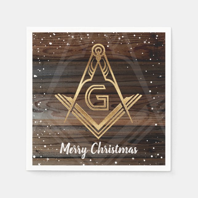 Rustikales Holz Gold Frohe Weihnachten Masonic Nap Serviette (Vorderseite)