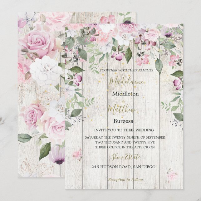Rustikales Holz Gold Pink Hochzeitsempfang Einladung (Vorne/Hinten)