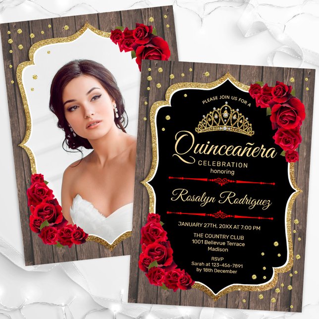 Rustikales Holz Gold Rotes Foto Quinceanera Einladung (Von Creator hochgeladen)