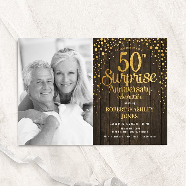 Rustikales Holz Gold Überraschung 50 Jahre Foto Einladung (Von Creator hochgeladen)