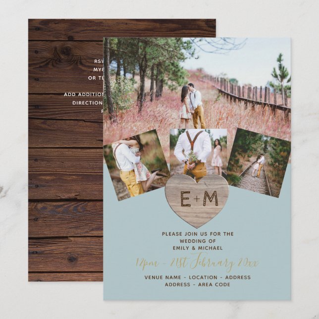 Rustikales Holz graviert Herz FOTO COLLAGE Invitat Einladung (Vorne/Hinten)