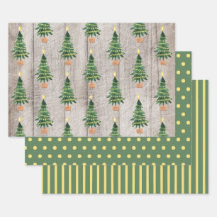 Rustikales Holz Grün Gold Weihnachten Punkte Strei Geschenkpapier Set