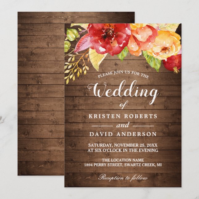 Rustikales Holz Herbst Gold Rote Flora Hochzeit im Einladung (Vorne/Hinten)