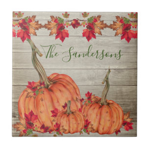 Rustikales Holz Herbst Orange Pumpkins Herbstlaub Fliese