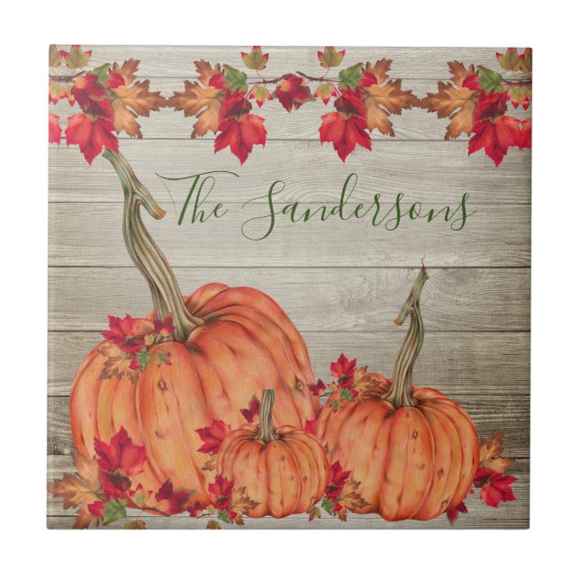 Rustikales Holz Herbst Orange Pumpkins Herbstlaub Fliese (Vorderseite)