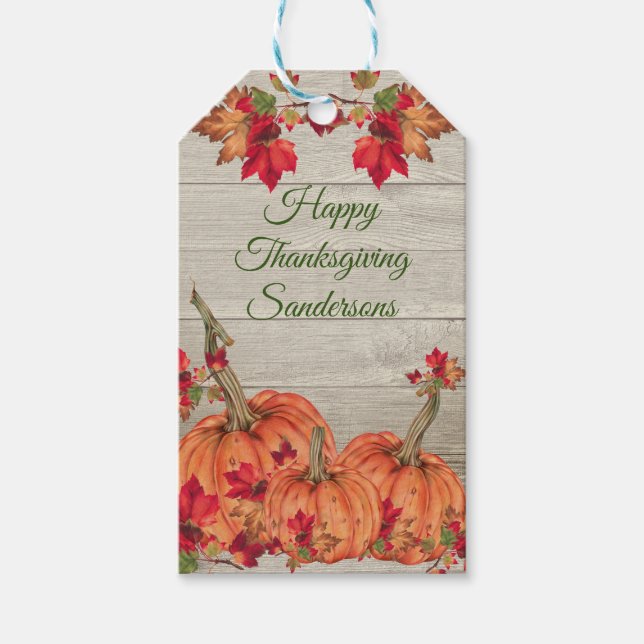 Rustikales Holz Herbst Orange Pumpkins Herbstlaub Geschenkanhänger (Vorderseite)