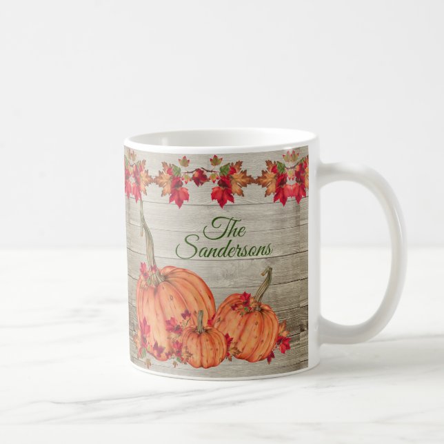 Rustikales Holz Herbst Orange Pumpkins Herbstlaub Kaffeetasse (Rechts)
