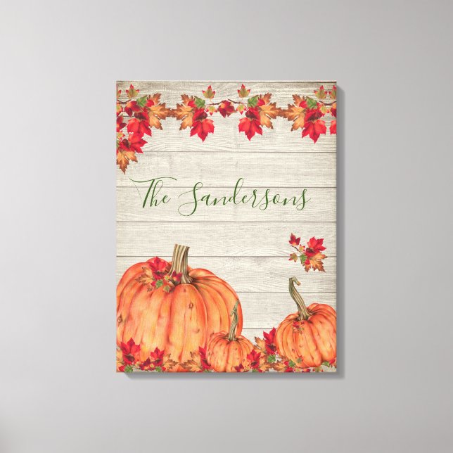 Rustikales Holz Herbst Orange Pumpkins Herbstlaub Leinwanddruck (Vorderseite)