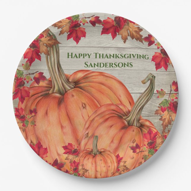 Rustikales Holz Herbst Orange Pumpkins Herbstlaub Pappteller (Vorderseite)